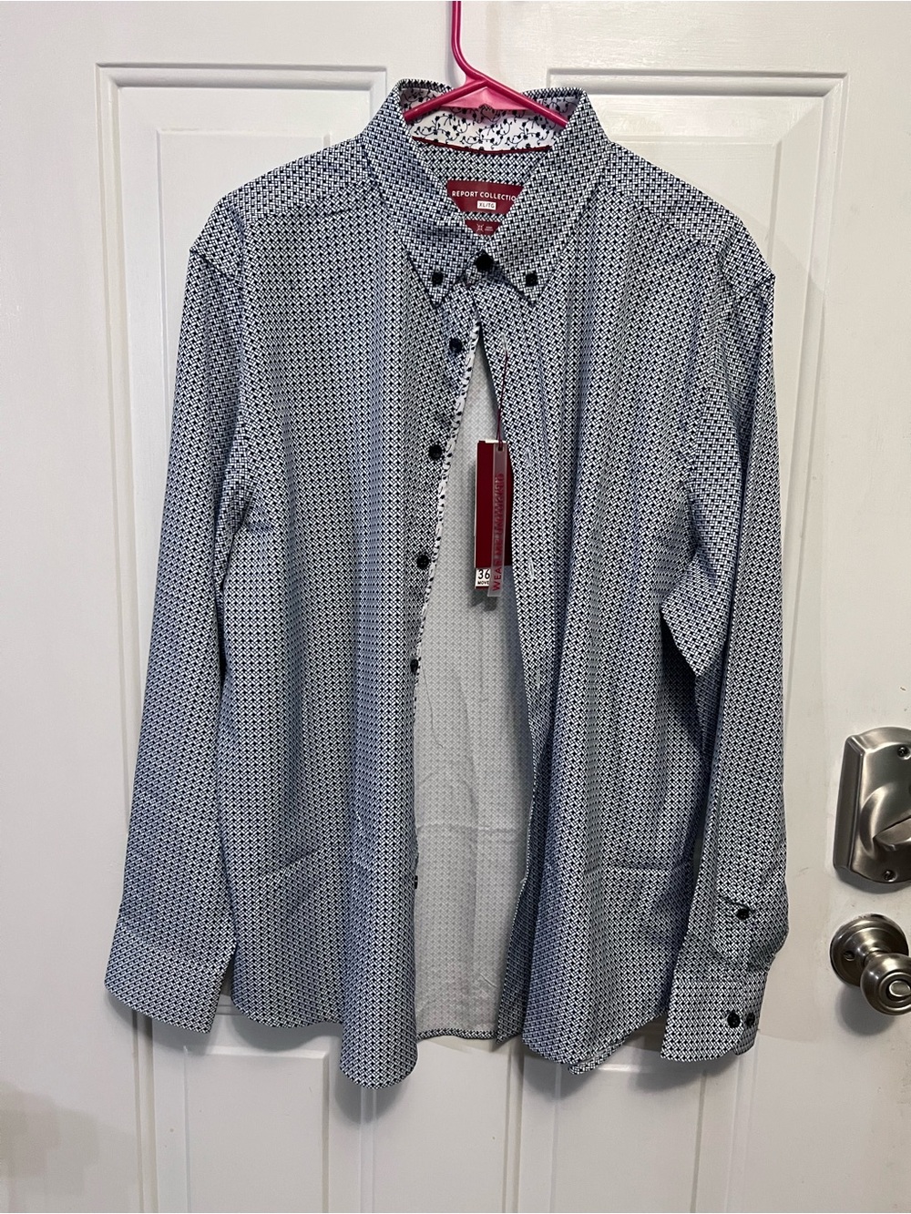 Report Collection Men’s XL Button Front Shirt 36 Movement Navy Geometric NWT